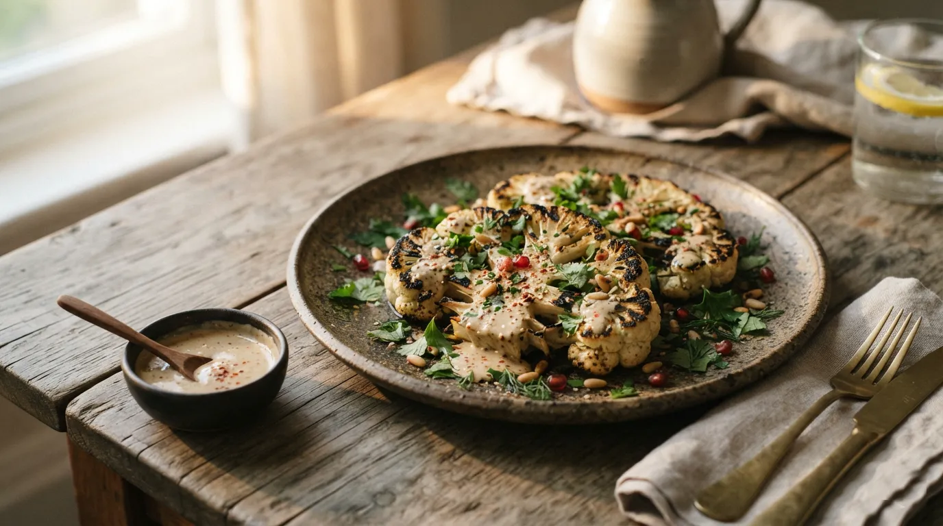 Rajasic Recipes: grilled cauliflower steaks drizzled with spicy tahini dressing, fresh herbs scattered nearby