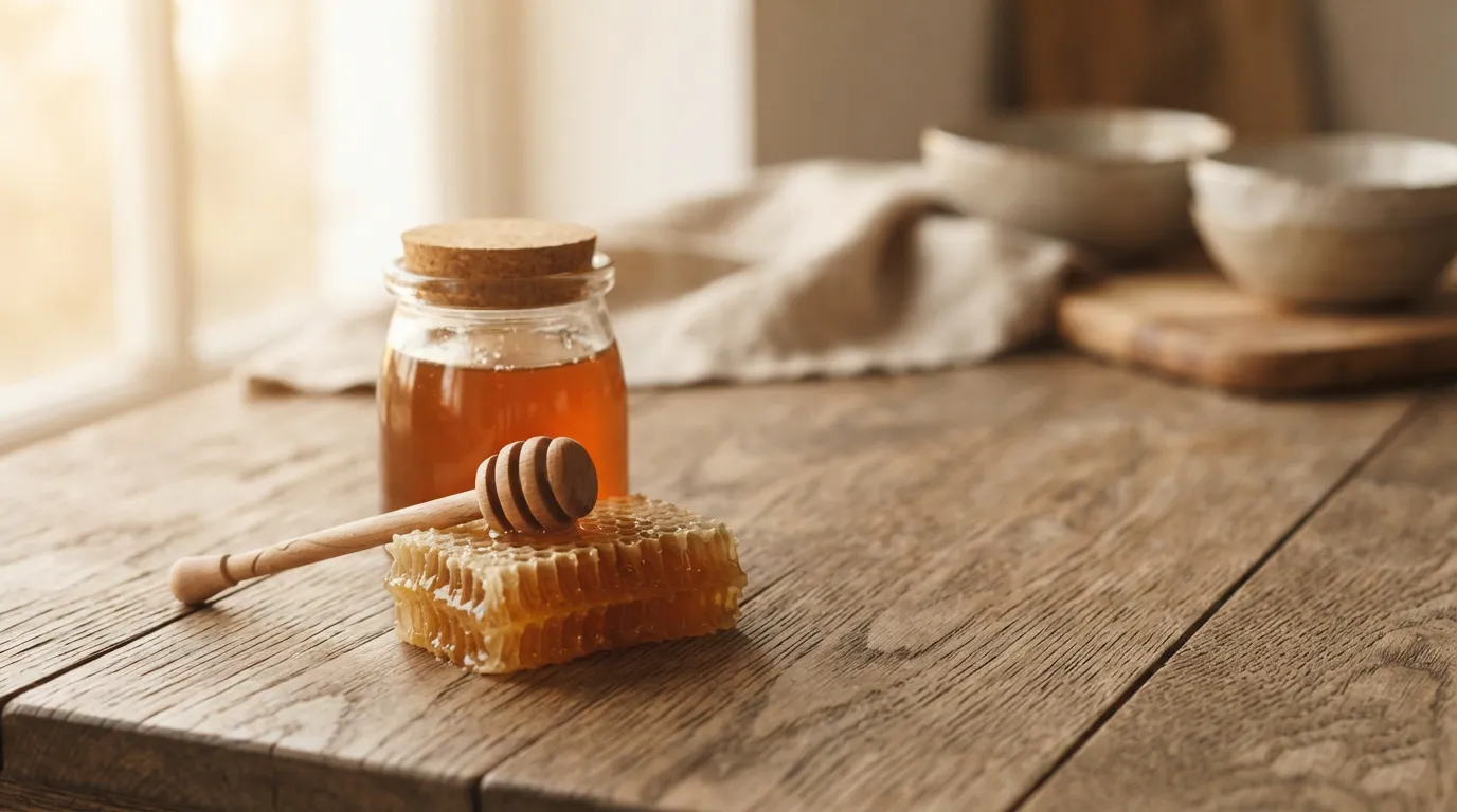 A glass jar of honey with a wooden dipper resting on a honeycomb, warm golden light.