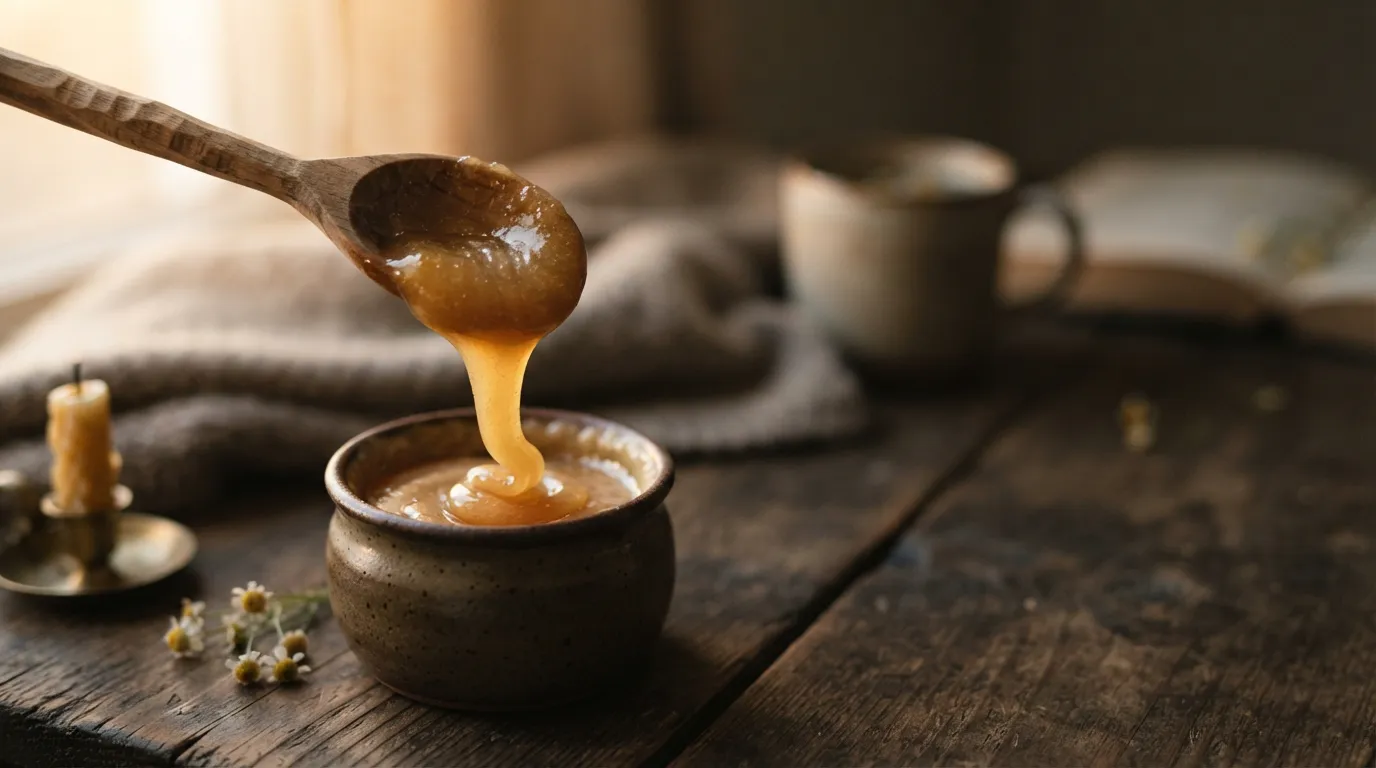 Honey benefits: close-up of a wooden spoon lifting a thick swirl of honey, soft warm evening light.