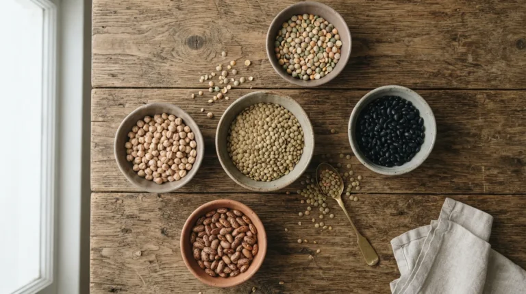 An overhead flat-lay of assorted dried legumes - lentils, chickpeas, black beans - in small bowls on a wooden surface.