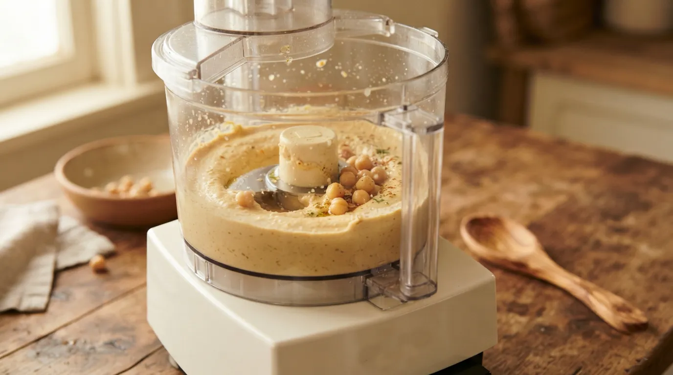Legumes benefits: close-up of creamy hummus being blended, chickpeas visible, soft kitchen light.