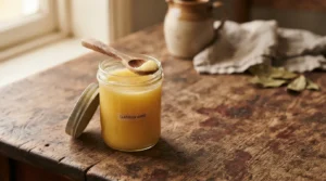 A glass jar of golden ghee with a wooden spoon, warm kitchen light.