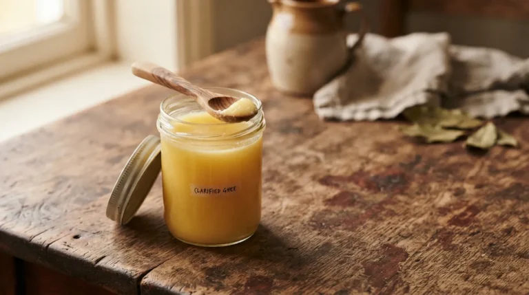 A glass jar of golden ghee with a wooden spoon, warm kitchen light.