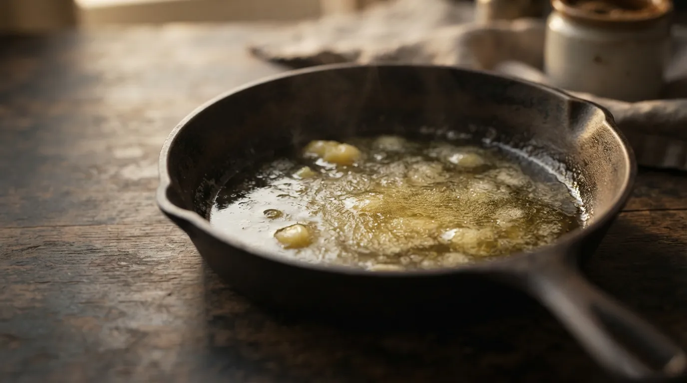 Ghee benefits: close-up of golden ghee melting and shimmering in a hot pan, soft warm light.