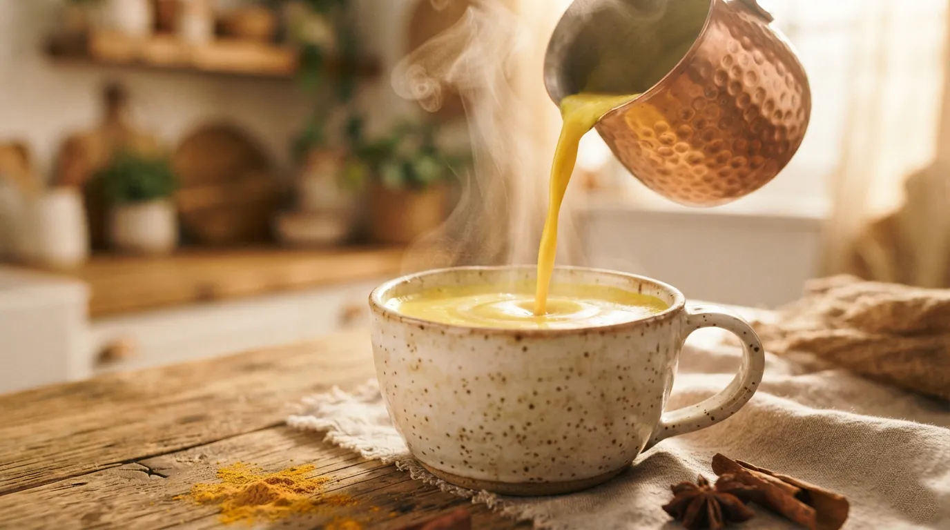Turmeric benefits: close-up of golden turmeric milk being poured into a ceramic cup, steam rising.