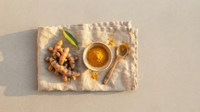 An overhead flat-lay of fresh turmeric root, ground turmeric powder, and a wooden spoon on linen, warm golden light.