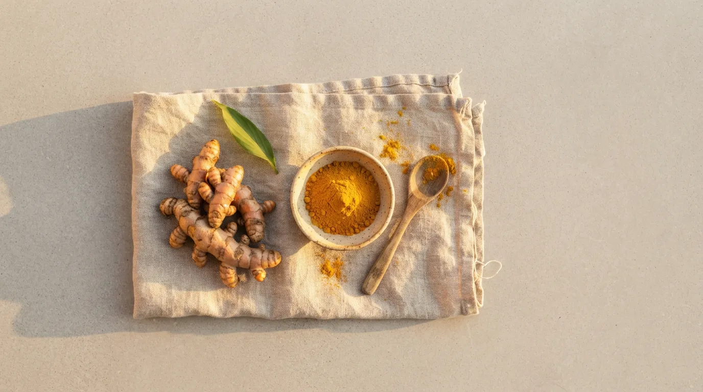 An overhead flat-lay of fresh turmeric root, ground turmeric powder, and a wooden spoon on linen, warm golden light.