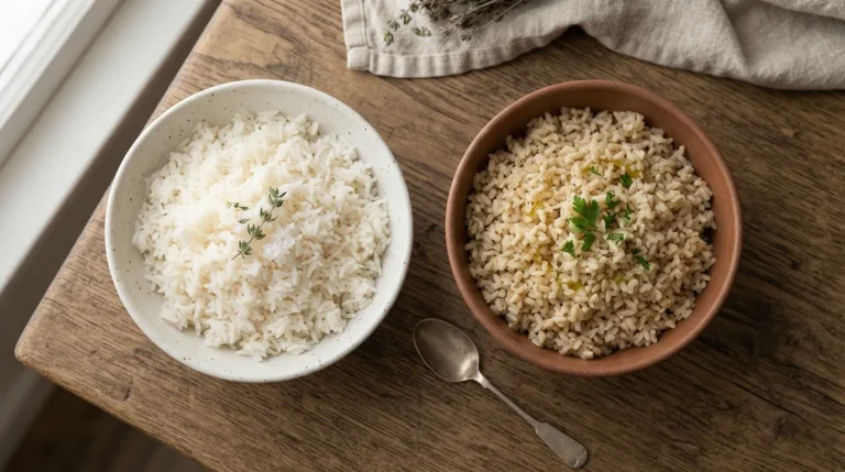 An overhead shot of two bowls side by side, white rice and brown rice, on a wooden table.