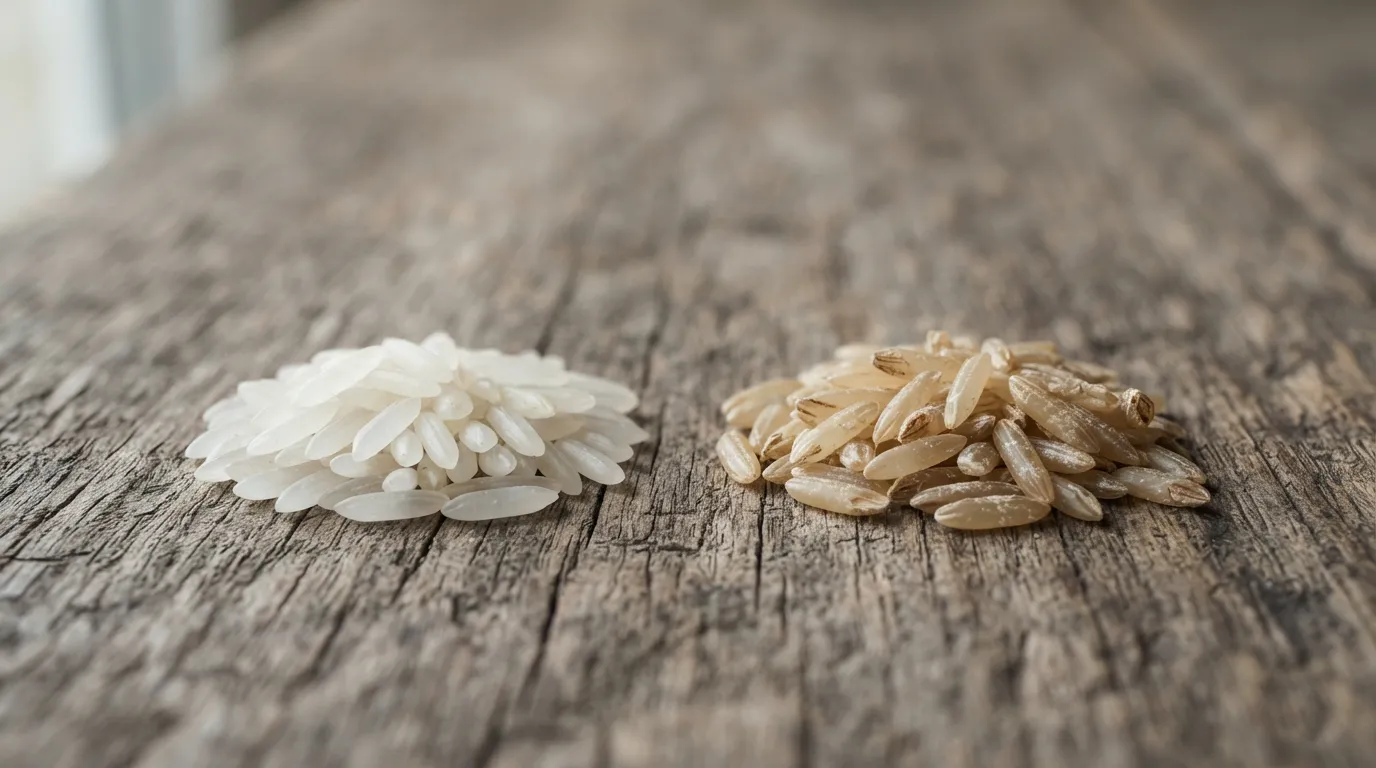 White rice vs brown rice: macro close-up comparing white rice grains and brown rice grains side by side.