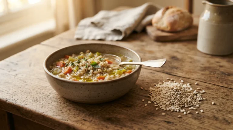 A rustic bowl of barley soup beside a small pile of raw barley grains on a wooden table.