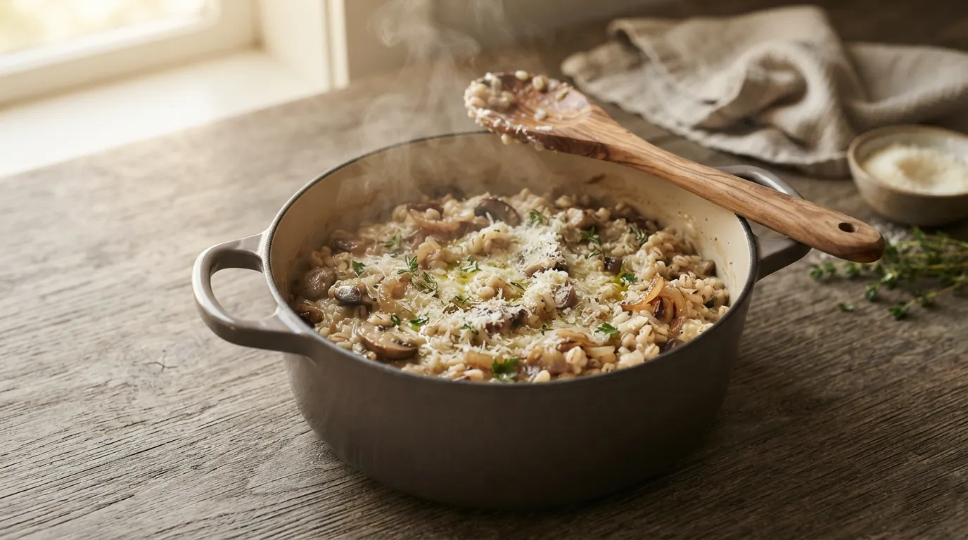 Barley benefits: close-up of creamy barley risotto in a pot, steam rising, wooden spoon resting on the edge.