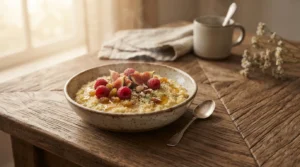 A bowl of warm millet porridge topped with fruit and a drizzle of honey, soft morning light.
