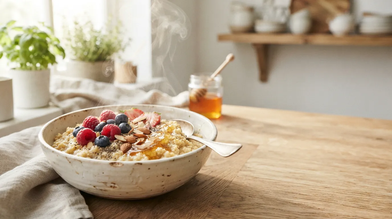 Millet benefits: close-up of millet porridge with berries and a honey drizzle, steam rising, soft warm morning light.
