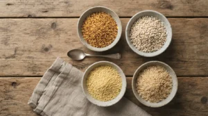 An overhead flat-lay of assorted grains - quinoa, barley, rice, millet - in small bowls on a wooden surface.
