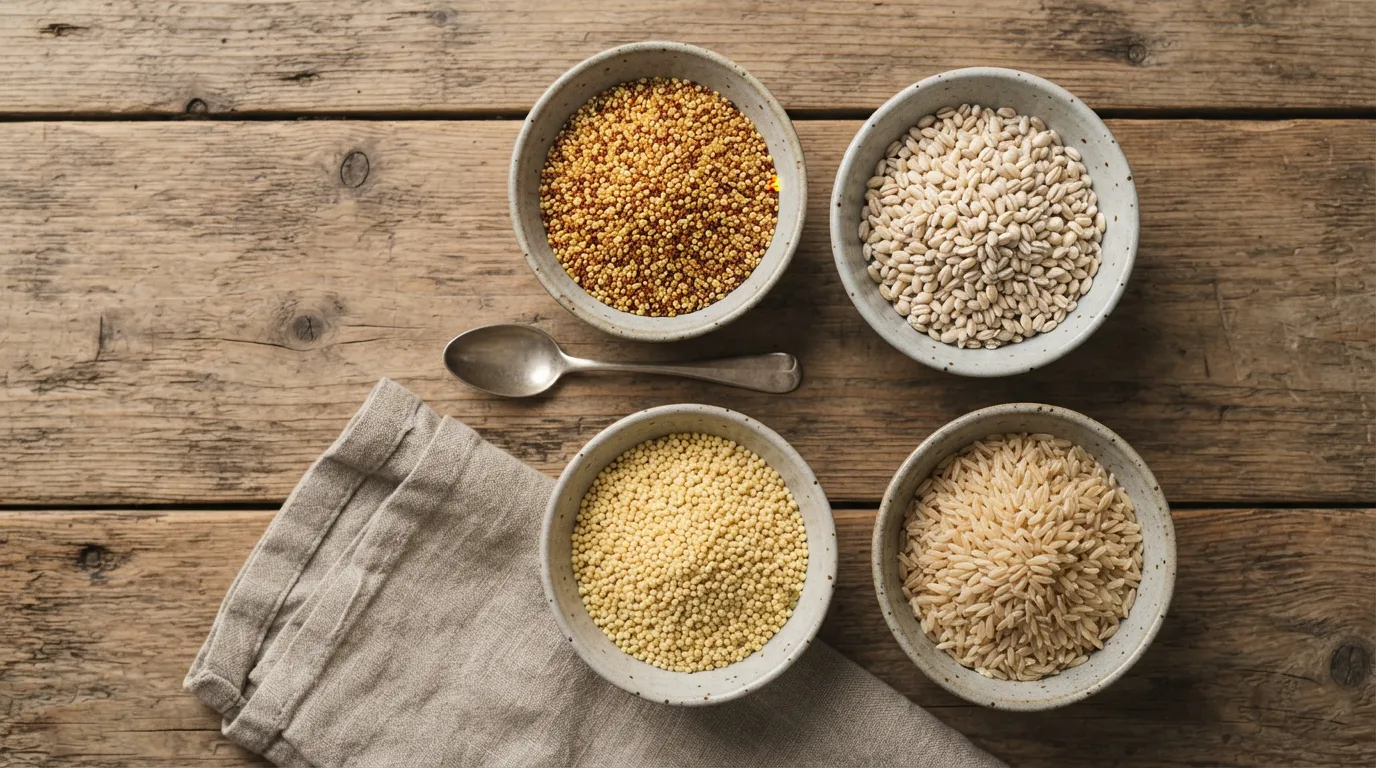 An overhead flat-lay of assorted grains - quinoa, barley, rice, millet - in small bowls on a wooden surface.