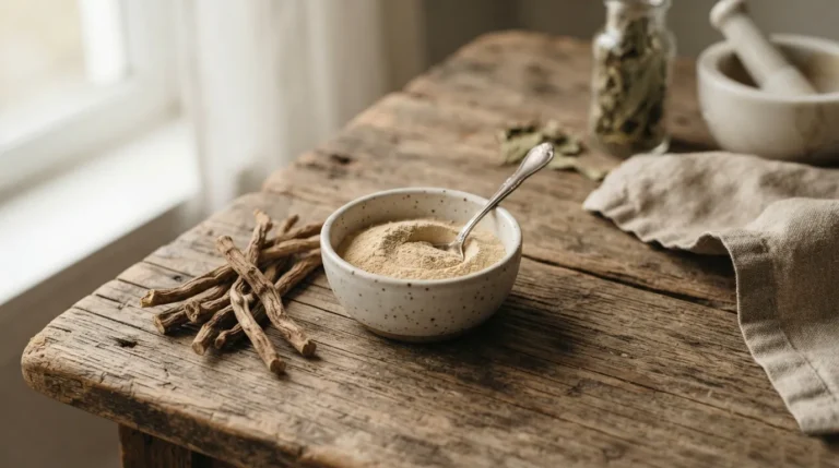 Dried ashwagandha root and a small bowl of ashwagandha powder on a wooden surface, earthy tones.