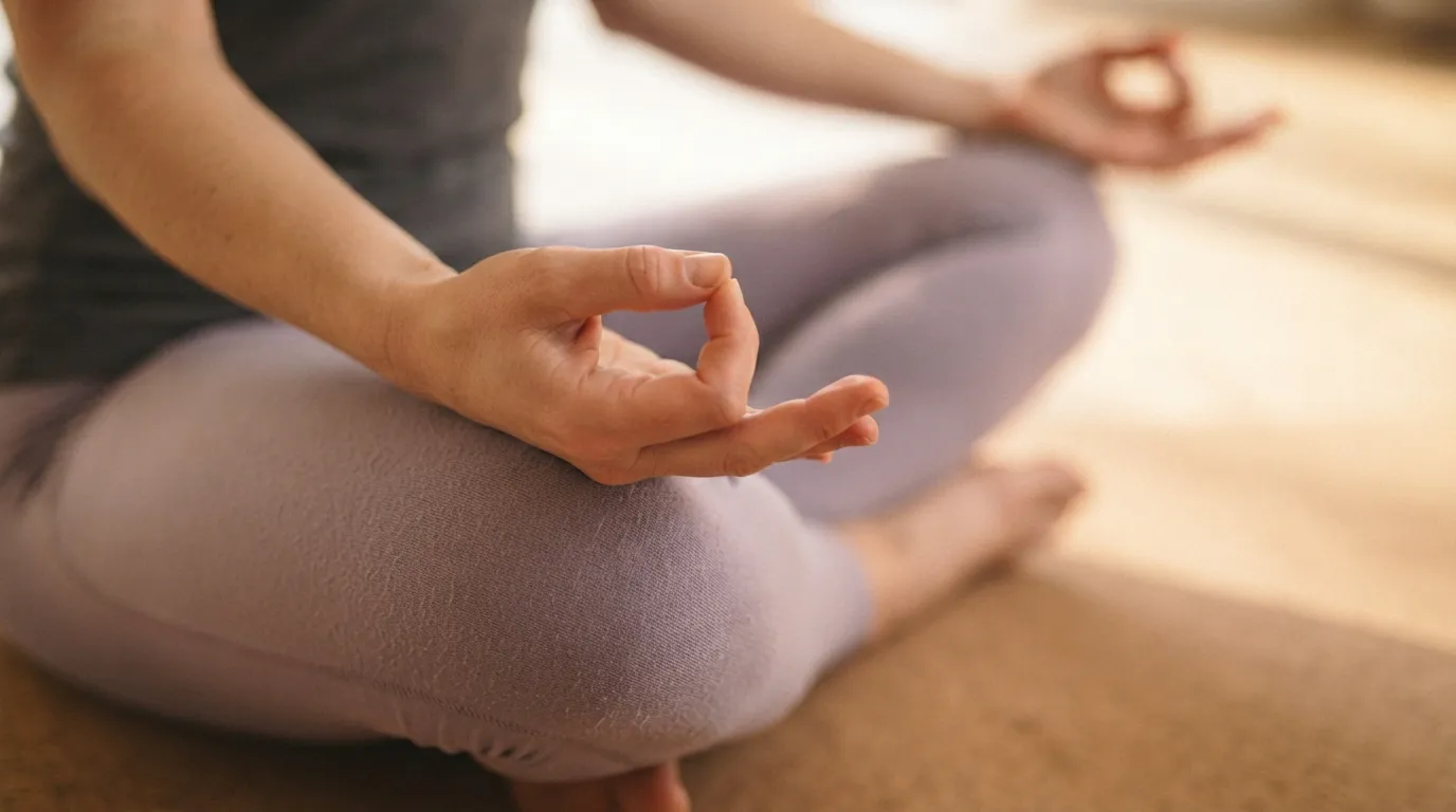 Yoga and prana: close-up of two hands in a gentle mudra resting on crossed knees, soft natural light.