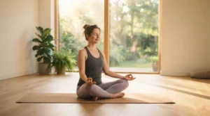 A person seated in a pranayama breathing pose on a yoga mat by a large window, soft morning light.