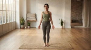 Person practicing a Hatha yoga pose in a calm, sunlit studio