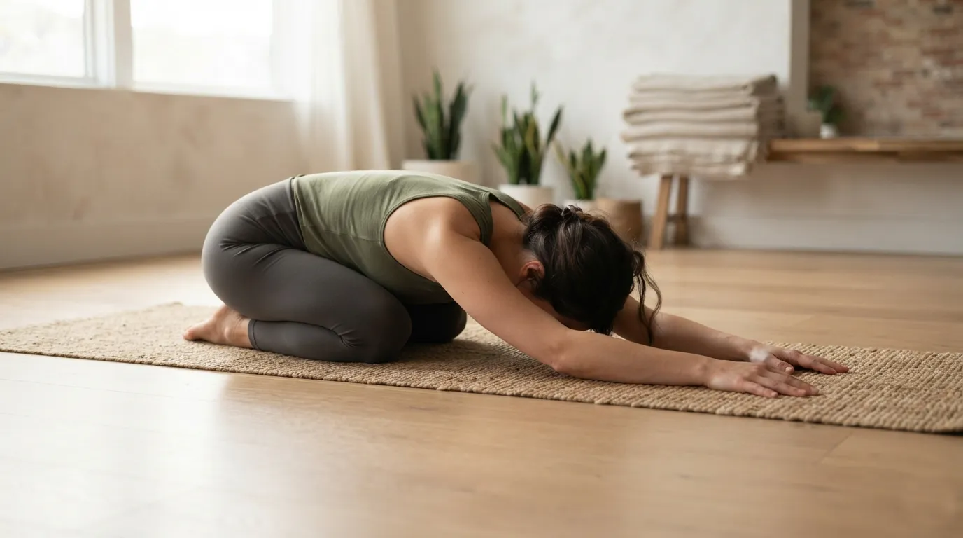 Person practicing a Hatha yoga pose in a calm, sunlit studio