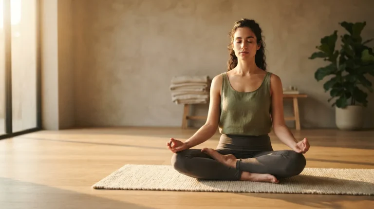 Person in a seated meditative pose with spine upright in soft golden light