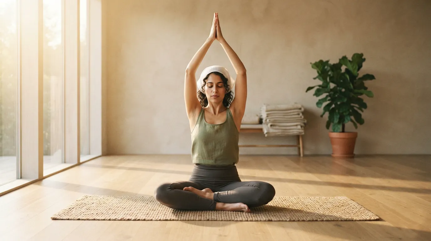 Person practicing Kundalini yoga with arms raised overhead in a sunlit room