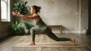 Yoga practitioner mid-flow between two Ashtanga poses on a mat