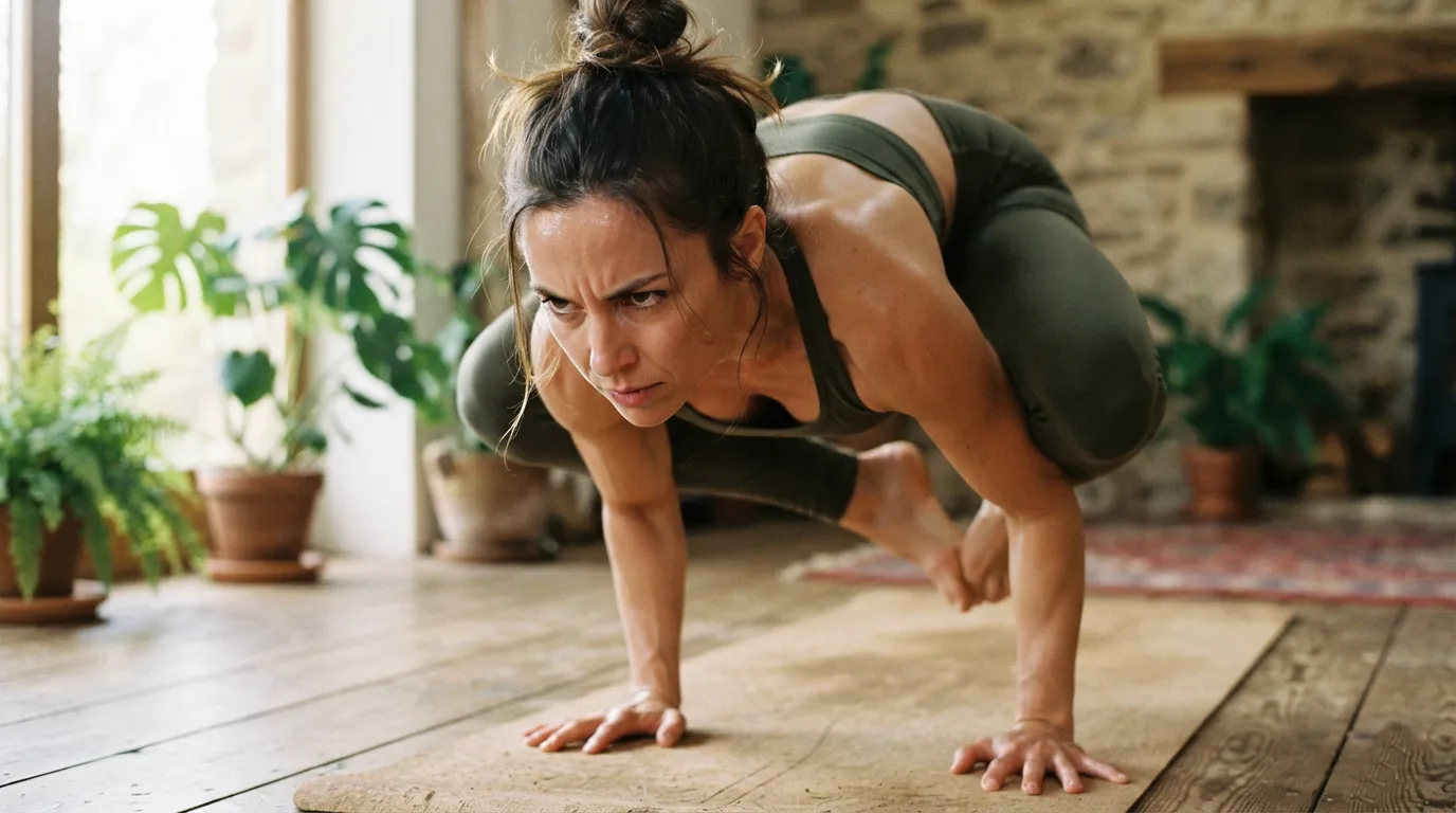 Ashtanga yoga: close-up of a yoga practitioner's focused breath during an Ashtanga pose