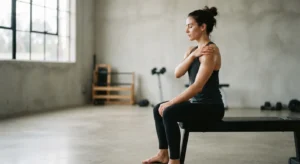 A person mid-set on a gym bench, eyes closed, one hand resting lightly on their own shoulder muscle, minimalist gym with soft window light.