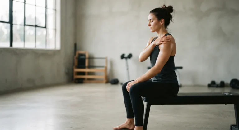 A person mid-set on a gym bench, eyes closed, one hand resting lightly on their own shoulder muscle, minimalist gym with soft window light.