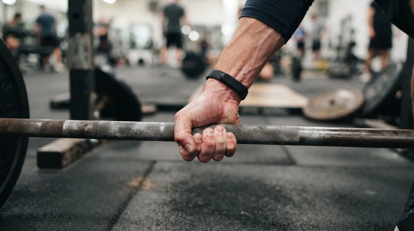Mind muscle connection: close-up of a hand gripping a barbell, knuckles and forearm tension visible, shallow depth of field.