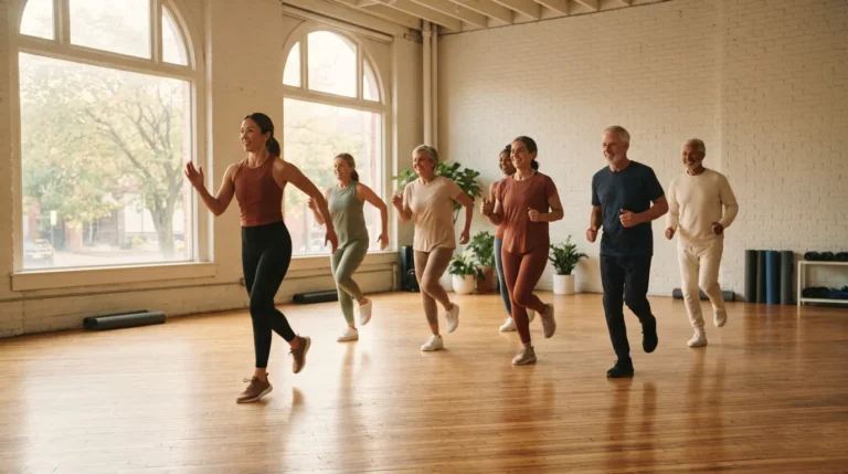 A small group of people mid-stride in an aerobics inside a sunlit studio with tall windows.