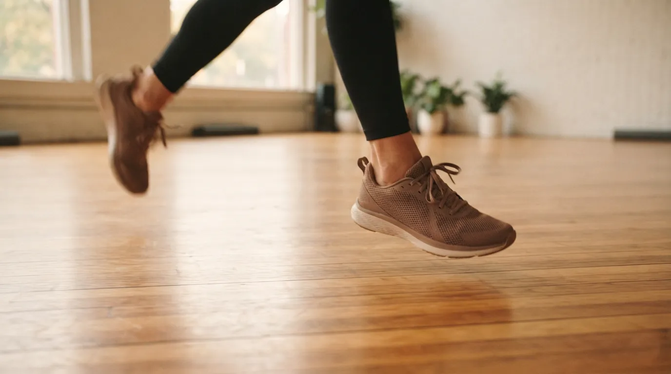 Aerobics benefits: close-up of running shoes mid-stride on a studio floor, motion blur.