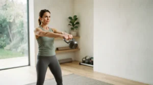A person lifting a kettlebell with a calm, focused expression, minimalist home gym with soft window light.