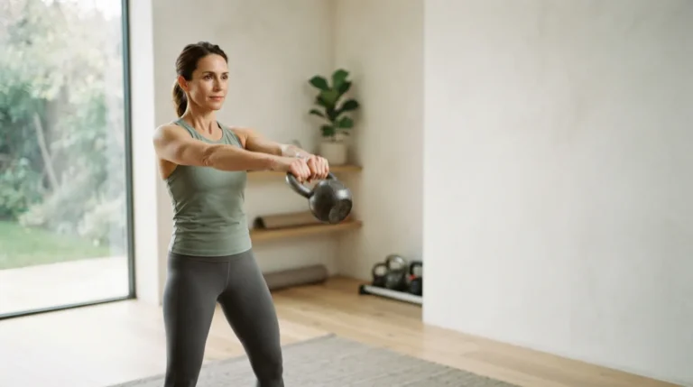 A person lifting a kettlebell with a calm, focused expression, minimalist home gym with soft window light.