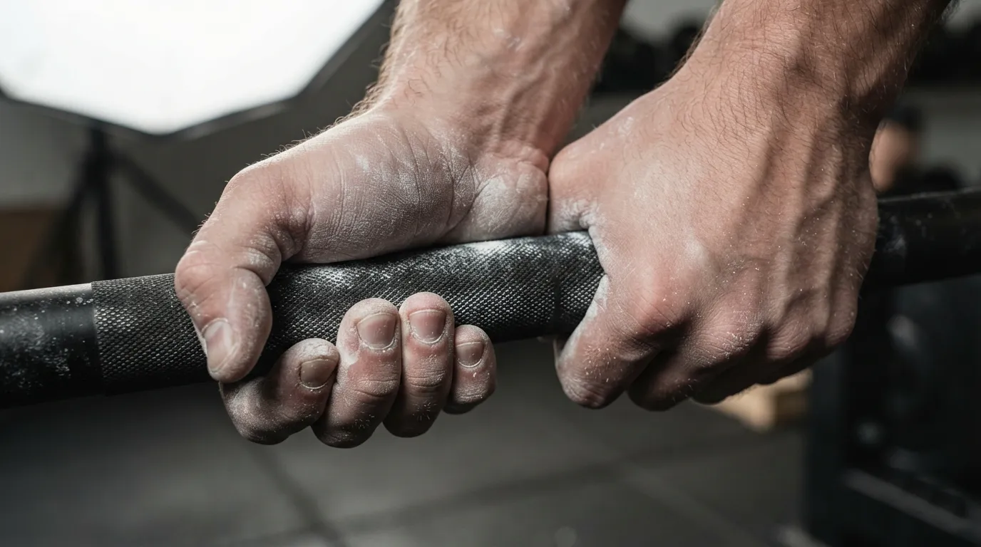 Strength training benefits: close-up of chalk-dusted hands gripping a barbell, natural texture, soft directional light.