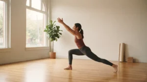 A person transitioning from a yoga pose into a dynamic stretch in a bright minimalist home gym.