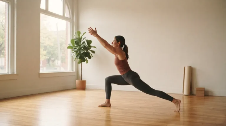 A person transitioning from a yoga pose into a dynamic stretch in a bright minimalist home gym.
