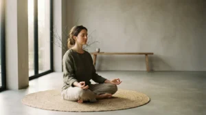 A person seated cross-legged with eyes closed in a quiet sunlit room, hands resting on knees.