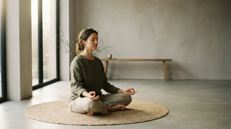 A person seated cross-legged with eyes closed in a quiet sunlit room, hands resting on knees.