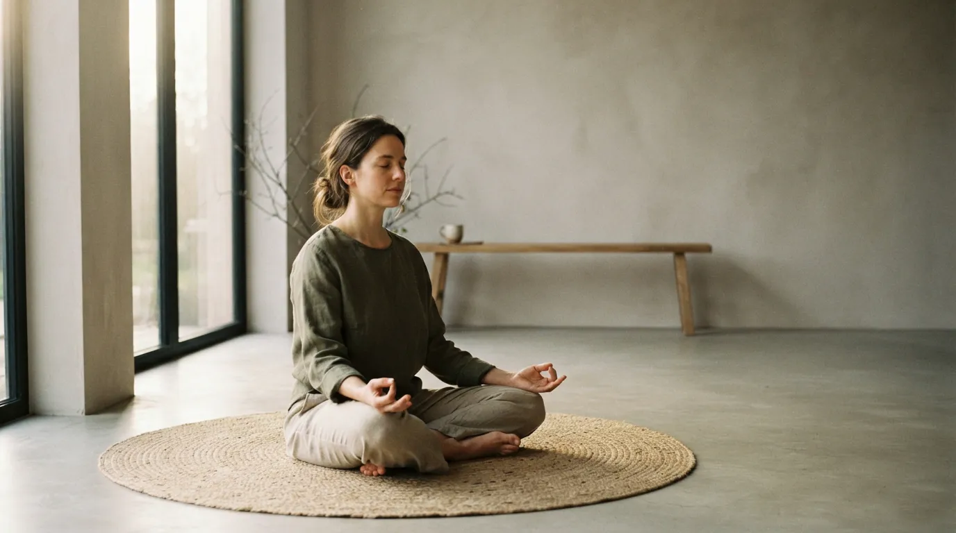 A person seated cross-legged with eyes closed in a quiet sunlit room, hands resting on knees.