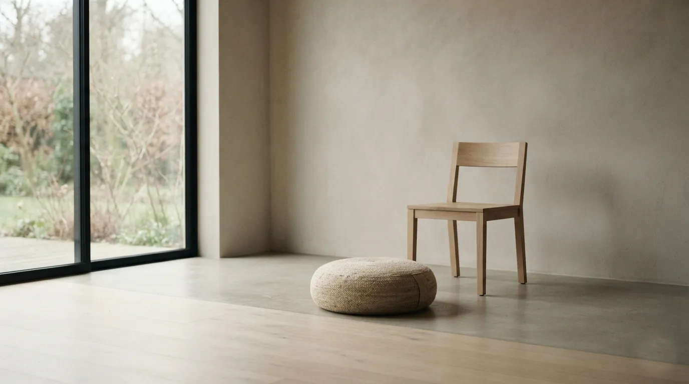 Transcendental meditation: a simple, uncluttered meditation corner with a cushion and plain chair, soft natural light, no ornamentation.