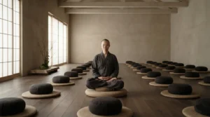 A person seated in meditation in a simple retreat hall, soft diffused light, rows of empty cushions.