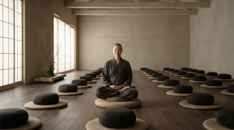 A person seated in meditation in a simple retreat hall, soft diffused light, rows of empty cushions.