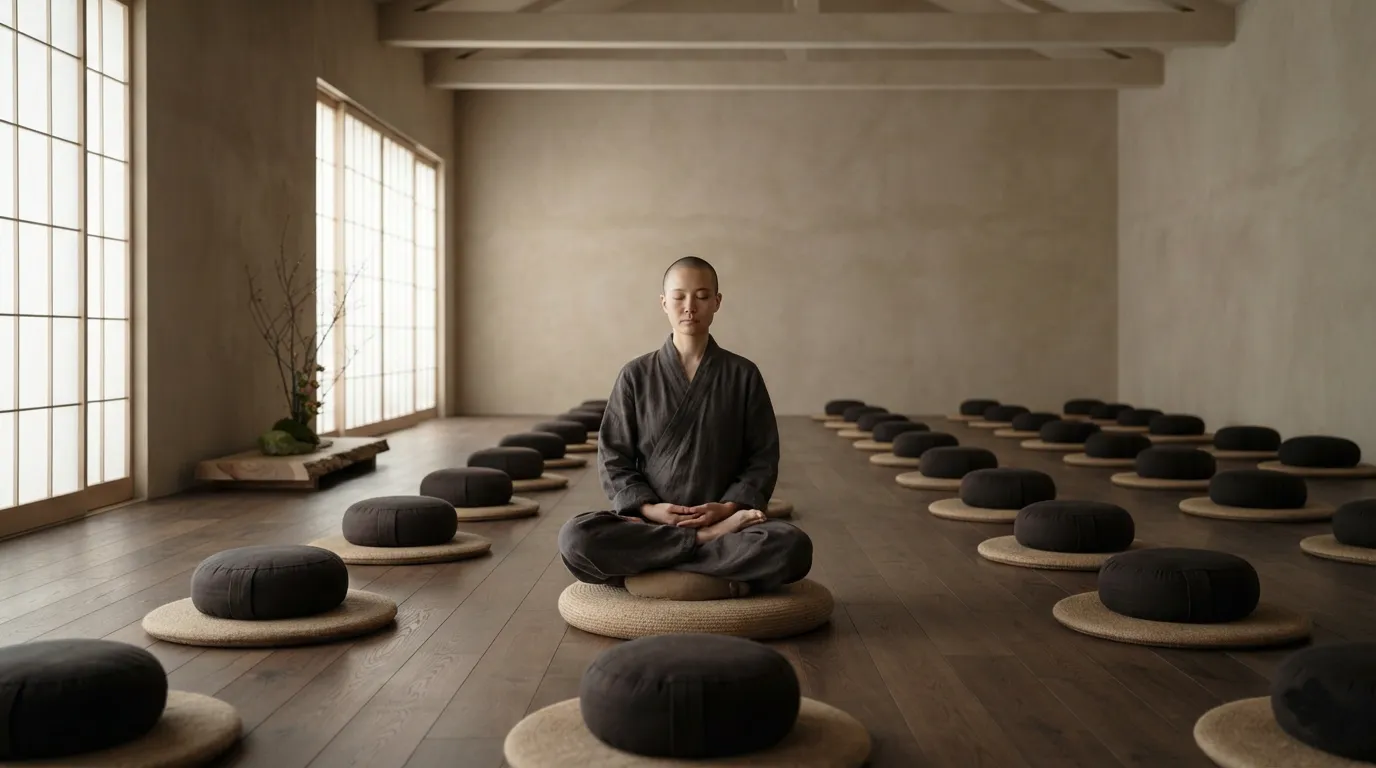 A person seated in meditation in a simple retreat hall, soft diffused light, rows of empty cushions.