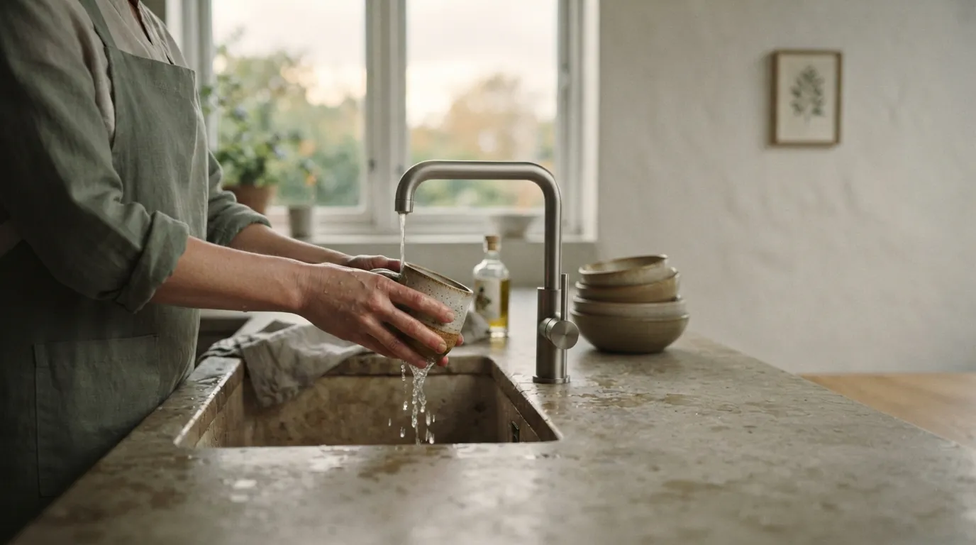 Vipassana meditation: close-up of hands mindfully washing a single ceramic cup under running water, soft kitchen window light.