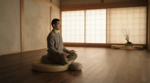 A person sitting in zazen posture on a cushion in a minimalist wooden room, soft morning light through a paper screen window.