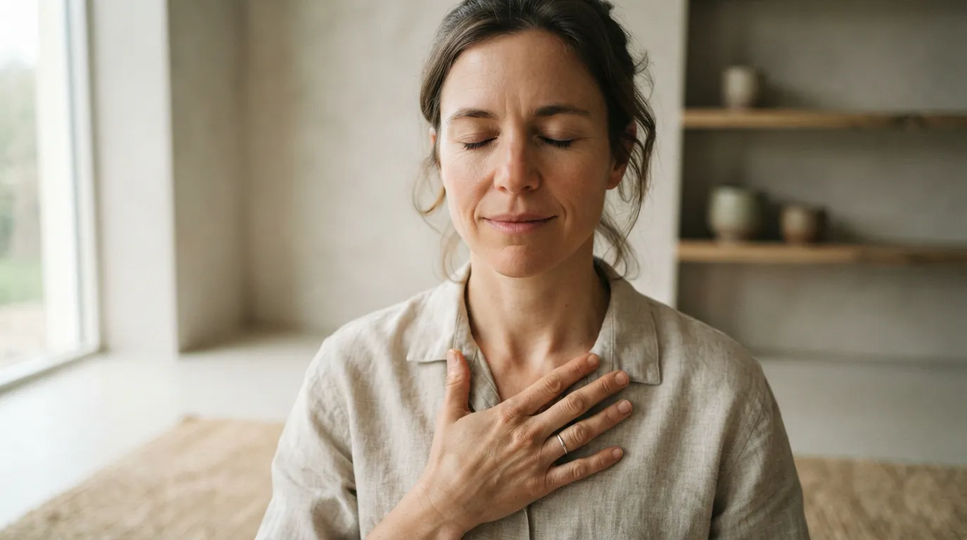 Zen meditation: close-up of a person's hand resting flat on their own chest, eyes closed, calm focused expression.