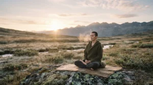 A person meditating outdoors at sunrise with visible breath in cool morning air, soft golden light.