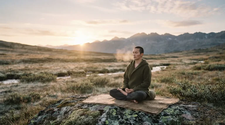 A person meditating outdoors at sunrise with visible breath in cool morning air, soft golden light.